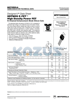 MTP75N06HD datasheet - TMOS POWER FET 75 AMPERES RDS(on) = 10.0 mOHM 60 VOLTS