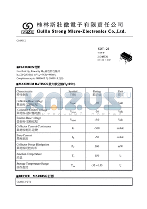 GM9012 datasheet - Excellent HFE Linearity HFE hFE(2)=25(Min.) at VCE=6V,Ic=400mA.