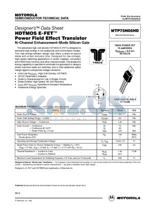 MTP75N05HD datasheet - TMOS POWER FET 75 AMPERES RDS(on) = 9.5 mW 50 VOLTS