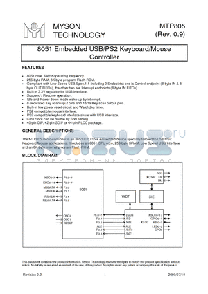MTP805V datasheet - 8051 Embedded USB/PS2 Keyboard/Mouse Controller