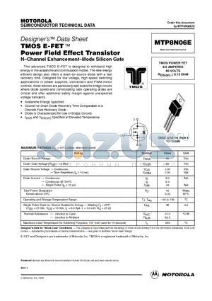 MTP8N06 datasheet - TMOS POWER FET 8.0 AMPERES 60 VOLTS RDS(on) = 0.12 OHM