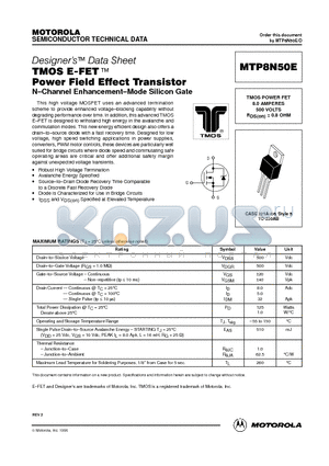 MTP8N50E datasheet - TMOS POWER FET 8.0 AMPERES 500 VOLTS RDS(on) = 0.8 OHM