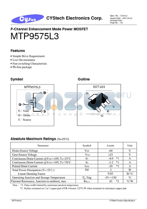 MTP9575L3 datasheet - P-Channel Enhancement Mode Power MOSFET
