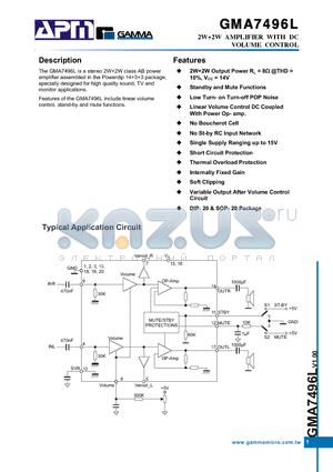 GMA7496LD20T datasheet - 2W2W AMPLIFIER WITH DC VOLUME CONTROL