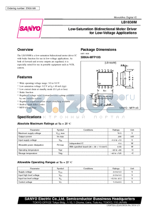 LB1830M datasheet - Low-Saturation Bidirectional Motor Driver for Low-Voltage Applications