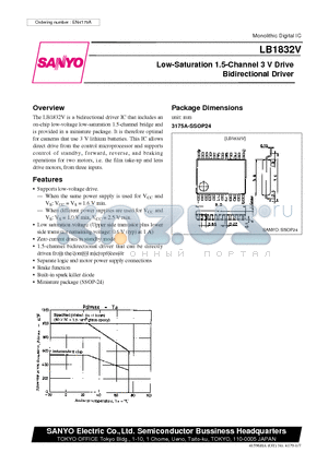 LB1832V datasheet - Low-Saturation 1.5-Channel 3 V Drive Bidirectional Driver