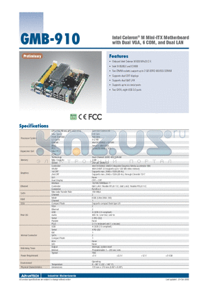 GMB-910 datasheet - Intel Celeron^ M Mini-ITX Motherboard with Dual VGA, 6 COM, and Dual LAN
