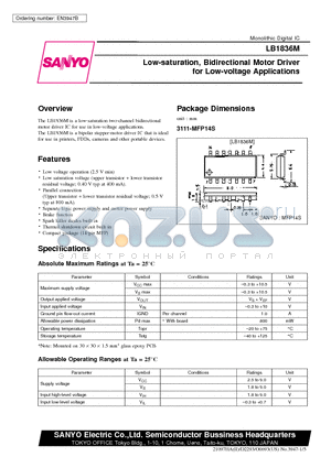 LB1836M datasheet - Low-saturation, Bidirectional Motor Driver for Low-voltage Applications
