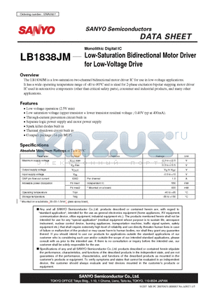 LB1838JM datasheet - Monolithic Digital IC Low-Saturation Bidirectional Motor Driver for Low-Voltage Drive