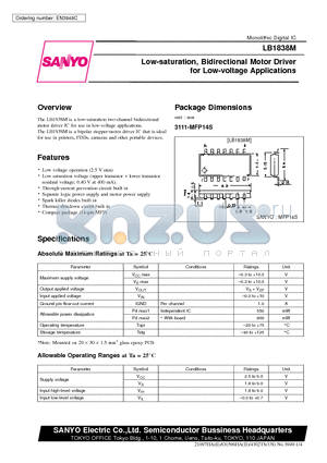 LB1838M datasheet - Low-saturation, Bidirectional Motor Driver for Low-voltage Applications