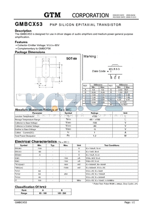 GMBCX53 datasheet - PNP SILICONE PITAXIAL TRANSISTOR