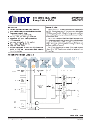 IDT71V416L15PHG datasheet - 3.3V CMOS Static RAM 4 Meg (256K x 16-Bit)