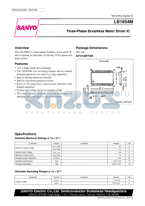 LB1854 datasheet - Three-Phase Brushless Motor Driver IC