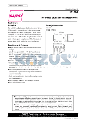LB1868 datasheet - Two-Phase Brushless Fan Motor Driver