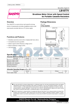 LB1877V datasheet - Brushless Motor Driver with Speed Control for Portable Cassette Recorders
