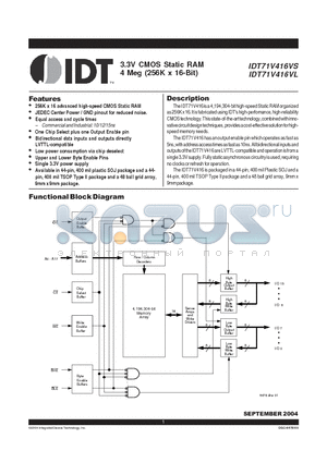 IDT71V416VS15YGI datasheet - 3.3V CMOS Static RAM 4 Meg (256K x 16-Bit)