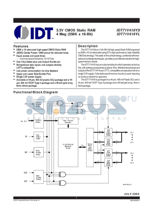 IDT71V416YL15YGI datasheet - 3.3V CMOS Static RAM 4 Meg (256K x 16-Bit)