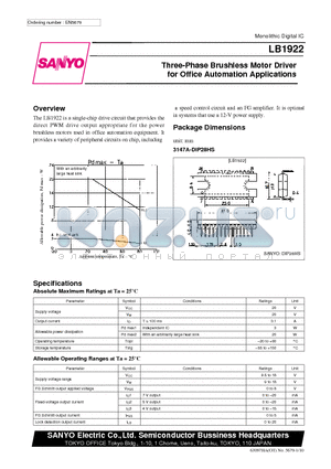 LB1922 datasheet - Three-Phase Brushless Motor Driver for Office Automation Applications