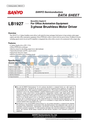 LB1927 datasheet - For Office Automation Equipment 3-phase Brushless Motor Driver