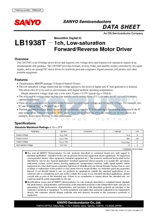 LB1938T_07 datasheet - 1ch, Low-saturation Forward/Reverse Motor Driver