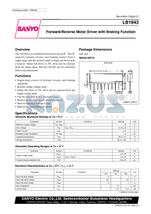 LB1943 datasheet - Forward/Reverse Motor Driver with Braking Function