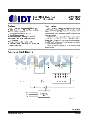 IDT71V424L10PHG datasheet - 3.3V CMOS STATIC RAM 4 MEG (512K x 8-BIT)