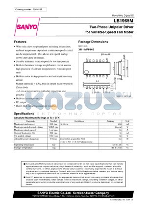 LB1965 datasheet - Two-Phase Unipolar Driver for Variable-Speed Fan Motor