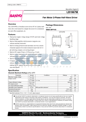 LB1967 datasheet - Fan Motor 2-Phase Half-Wave Driver