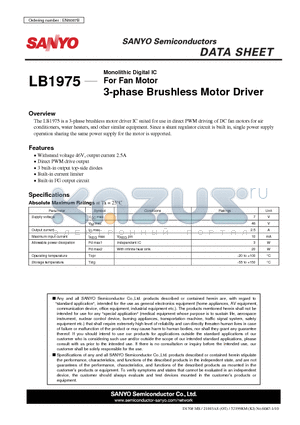 LB1975 datasheet - For Fan Motor 3-phase Brushless Motor Driver