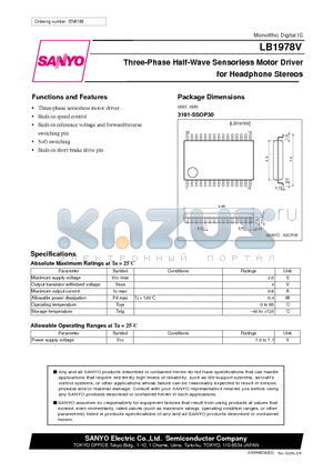 LB1978 datasheet - Three-Phase Half-Wave Sensorless Motor Driver for Headphone Stereos