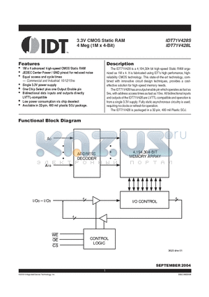 IDT71V428L10YYYGI datasheet - 3.3V CMOS Static RAM 4 Meg (1M x 4-Bit)