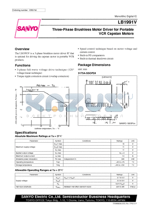 LB1991V datasheet - Three-Phase Brushless Motor Driver for Portable VCR Capstan Motors