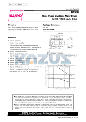 LB1998 datasheet - Three-Phase Brushless Motor Driver for CD-ROM Spindle Drive