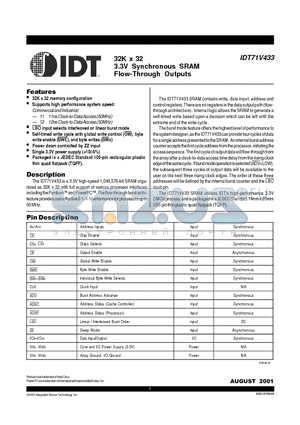 IDT71V433S11PFI datasheet - 32K x 32 3.3V Synchronous SRAM Flow-Through Outputs