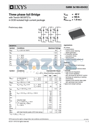 GMM3X180-004X2 datasheet - Three phase full Bridge with Trench MOSFETs in DCB isolated high current package