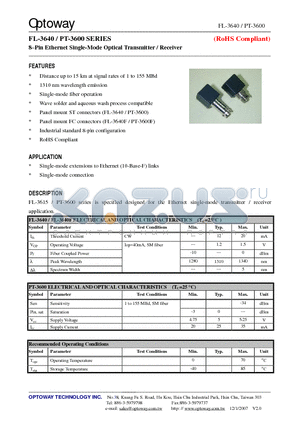 FL-3640F datasheet - 8Pin Ethernet Single-Mode Optical Transmitter / Receiver