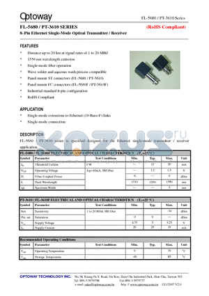 FL-3640F datasheet - 8Pin Ethernet Single-Mode Optical Transmitter / Receiver