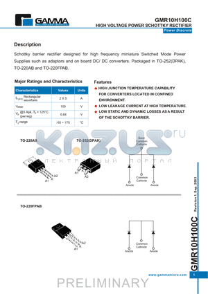 GMR10H100CTBF3T datasheet - HIGH VOLTAGE POWER SCHOTTKY RECTIFIER