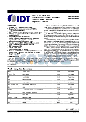IDT71V65802S150PFI datasheet - 256K x 36, 512K x 18 3.3V Synchronous ZBT SRAMs 2.5V I/O, Burst Counter Pipelined Outputs