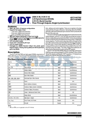 IDT71V67702S75BQ datasheet - 256K X 36, 512K X 18 3.3V Synchronous SRAMs 2.5V I/O, Burst Counter Flow-Through Outputs, Single Cycle Deselect
