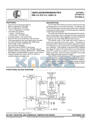 IDT7200LA15TP datasheet - CMOS ASYNCHRONOUS FIFO 256 x 9, 512 x 9, 1,024 x 9