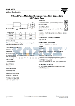 MKP1839 datasheet - AC and Pulse Metallized Polypropylene Film Capacitors MKP Axial Type