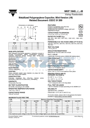 MKP1840-310/404-5MF datasheet - Metallized Polypropylene Capacitor, Mini-Version (-M) Related Document: CECC 31 200