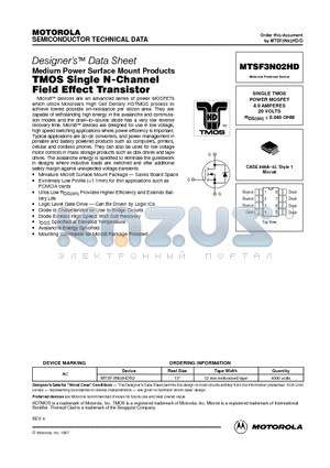 MTSF3N02HD datasheet - SINGLE TMOS POWER MOSFET 4.0 AMPERES 20 VOLTS RDS(on) = 0.040 OHM
