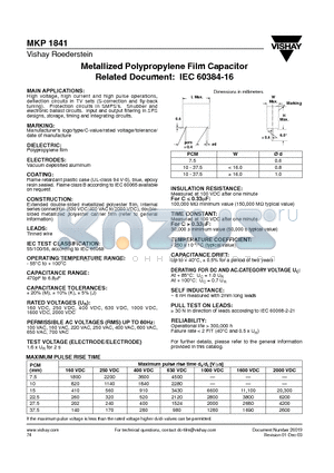 MKP1841 datasheet - Metallized Polypropylene Film Capacitor Related Document: IEC 60384-16