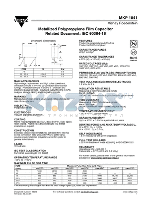 MKP1841-310-405-G datasheet - Metallized Polypropylene Film Capacitor Related Document: IEC 60384-16