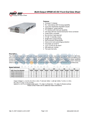 HP600 datasheet - Multi-Output HP600 AC-DC Front End Data Sheet