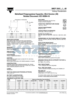 MKP1841-410/405-MD datasheet - Metallized Polypropylene Capacitor, Mini-Version (-M) Related Document: IEC 60384-16