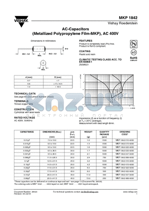 MKP1842-322-4000 datasheet - AC-Capacitors (Metallized Polypropylene Film-MKP), AC 400V