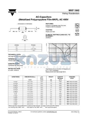 MKP1842-410-4000 datasheet - AC-Capacitors (Metallized Polypropylene Film-MKP), AC 400V